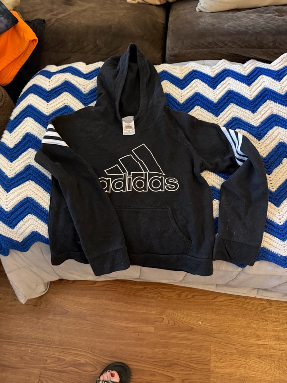 adidas Black Hoodie with White Logo and Sleeve Stripes
